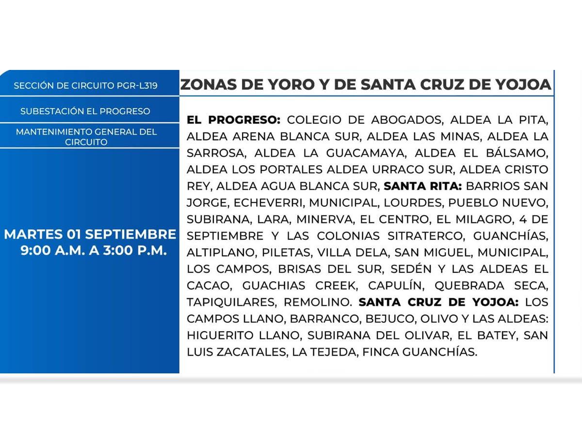 Cortes de energía este martes 1 de septiembre en Choloma, Yoro, Santa Cruz de Yojoa y Amarateca