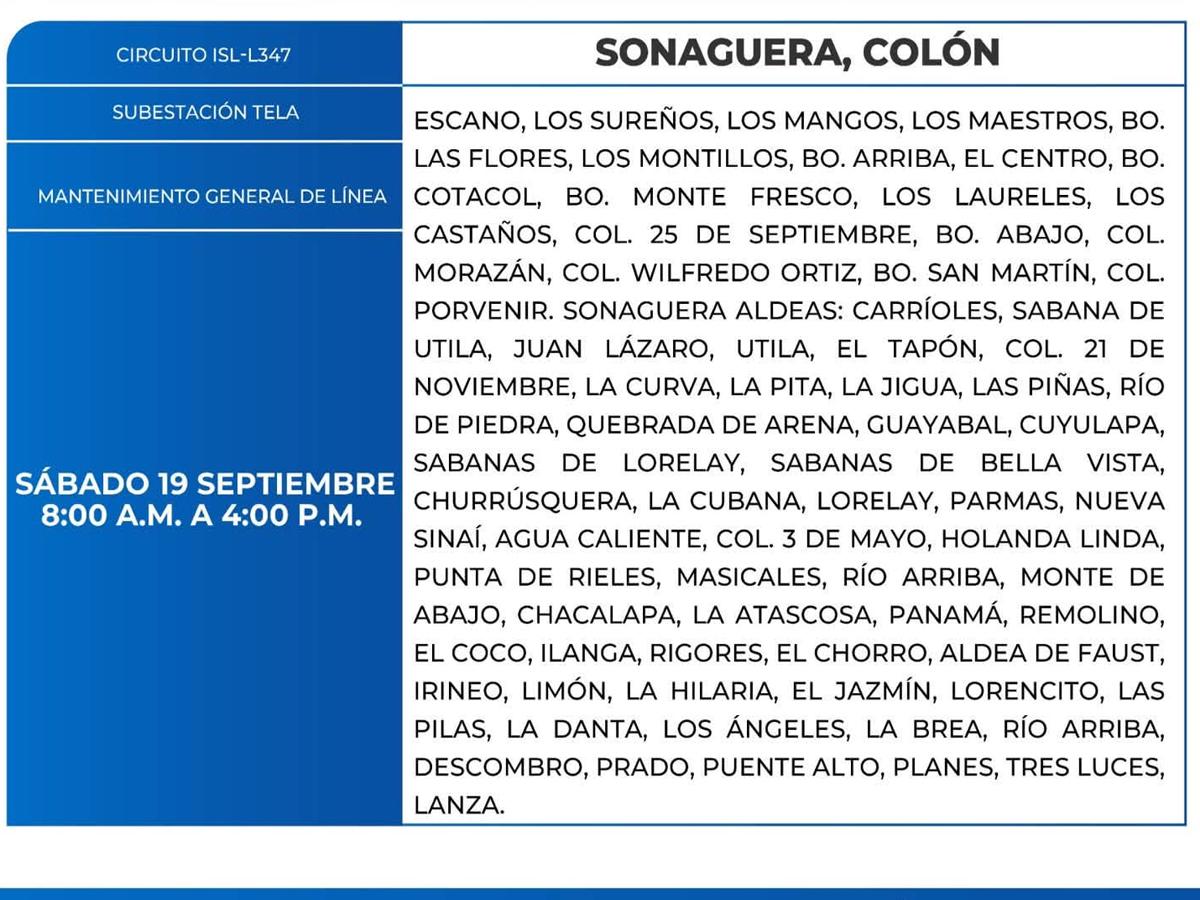 Cortes de energía este sábado 19 de septiembre en San Pedro Sula, Comayagua y Colón