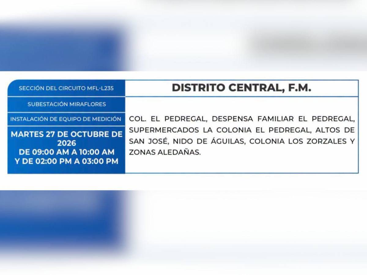 Zonas de Honduras que no tendrán energía eléctrica este martes 27 de octubre