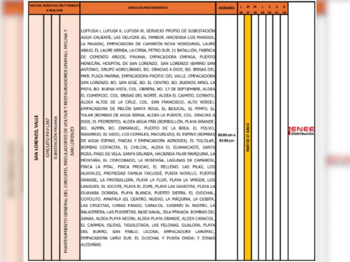 Cortes de luz en SPS, Choloma y otras zonas de Honduras este martes 17 de junio