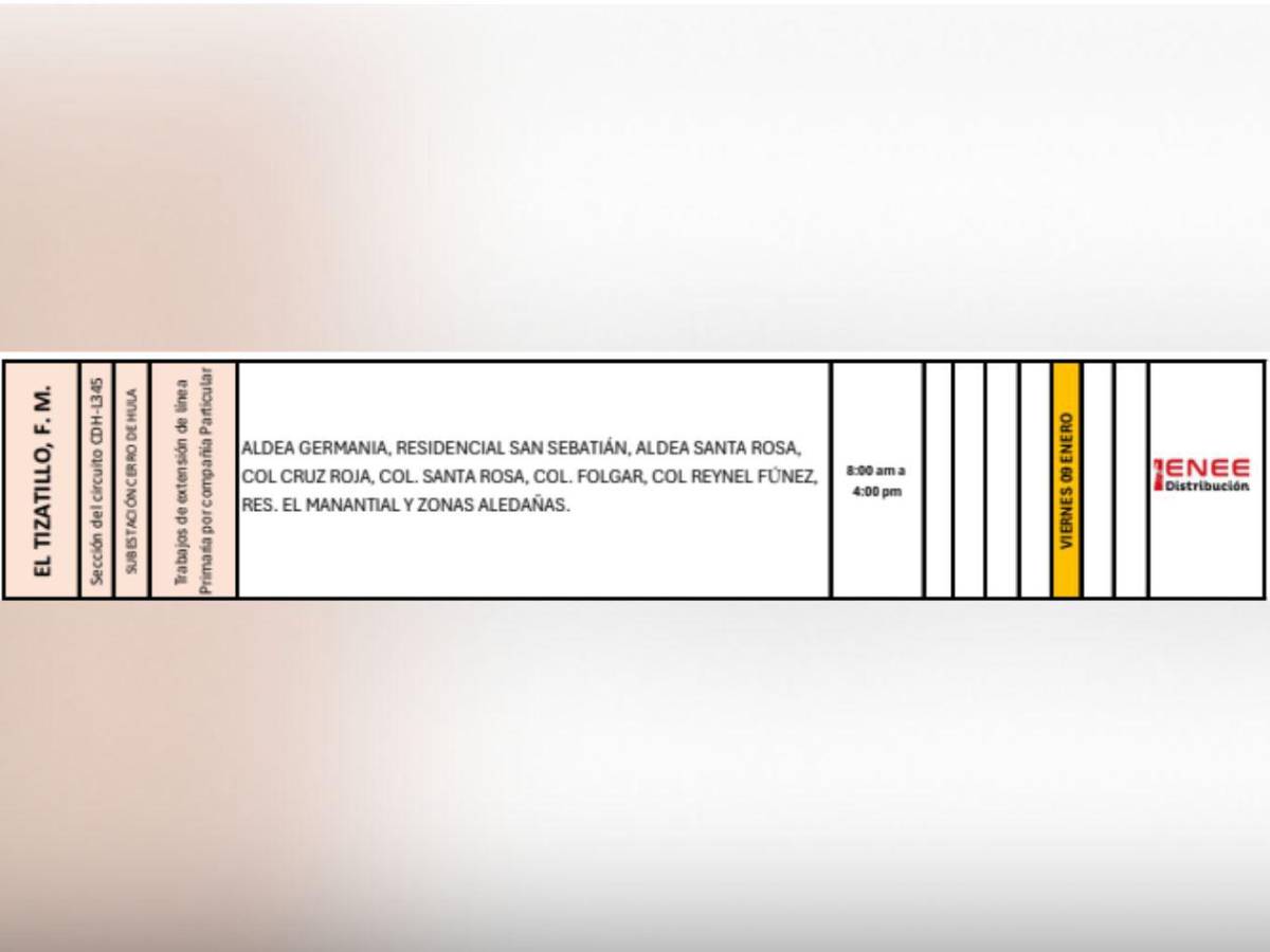 Ocho horas sin luz estarán estas zonas de Honduras este viernes nueve de enero