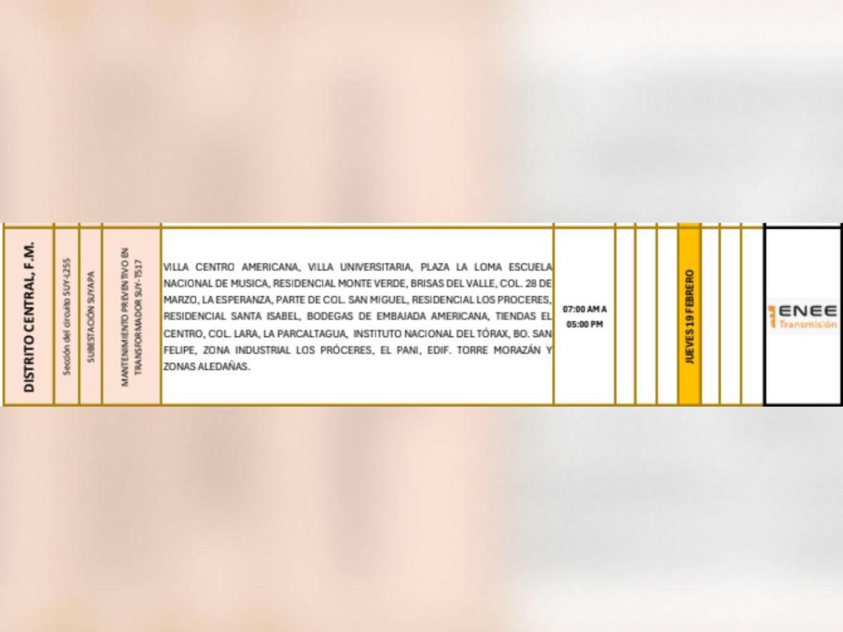 Más de 100 sectores de Honduras no tendrán luz este jueves 19 de febrero