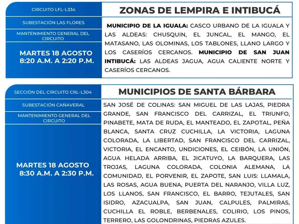 Cortes de energía este martes 18 de agosto: El Paraíso, Lempira, Santa Bárbara, Cortés e Intibucá