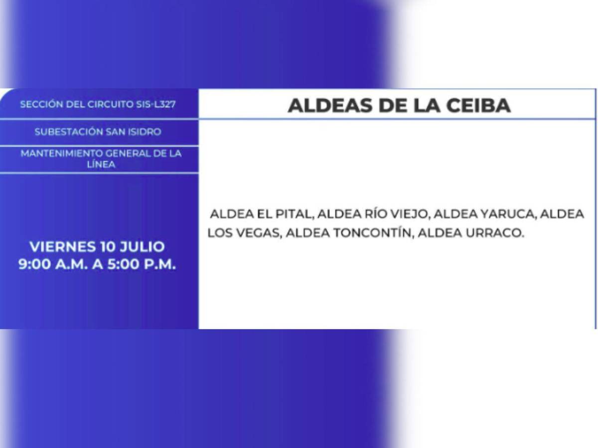 Amplios cortes de energía en estas zonas de Honduras este viernes 17 de julio