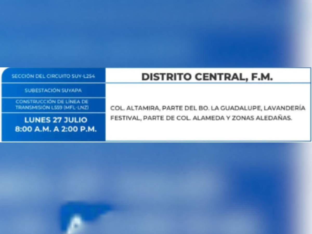 Estas son las zonas de SPS y Tegucigalpa que no tendrán luz este lunes 27 de julio