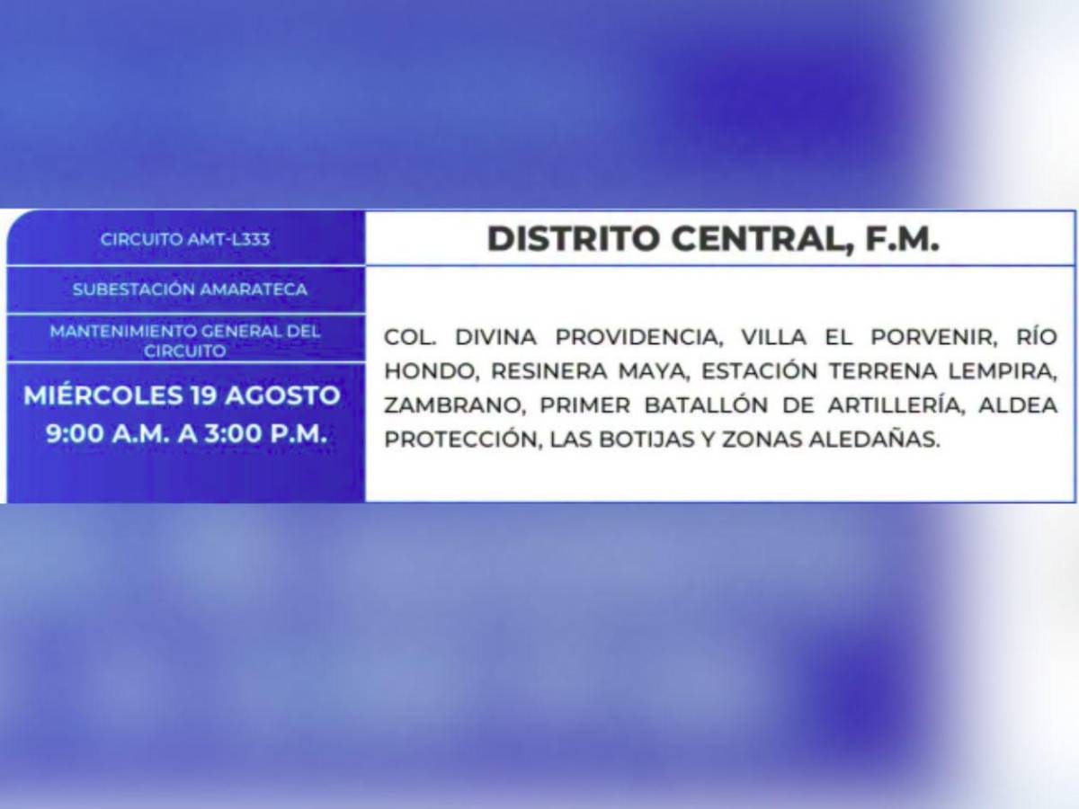 Estos barrios y colonias de Honduras no tendrán luz este miércoles 19 de agosto
