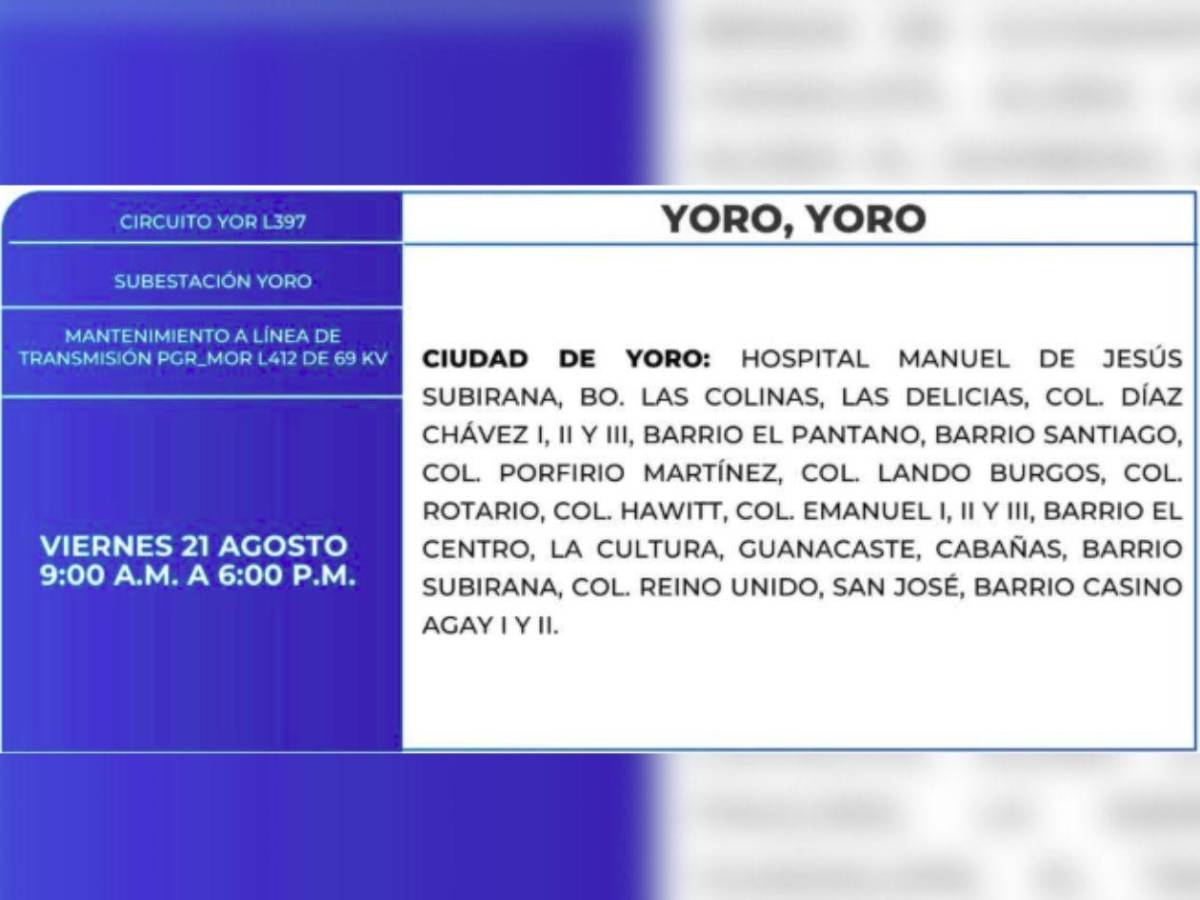 Más de 50 zonas de Honduras no tendrán energía este viernes 21 de agosto