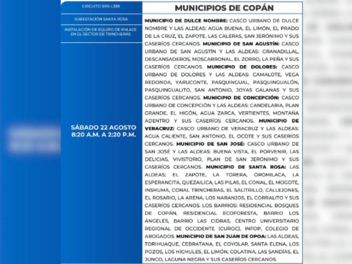 Ocho horas sin luz estarán estos barrios y colonias de Honduras este sábado 22 de agosto