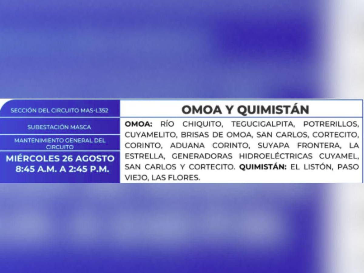 Estas zonas de Honduras no tendrán energía este miércoles 26 de agosto