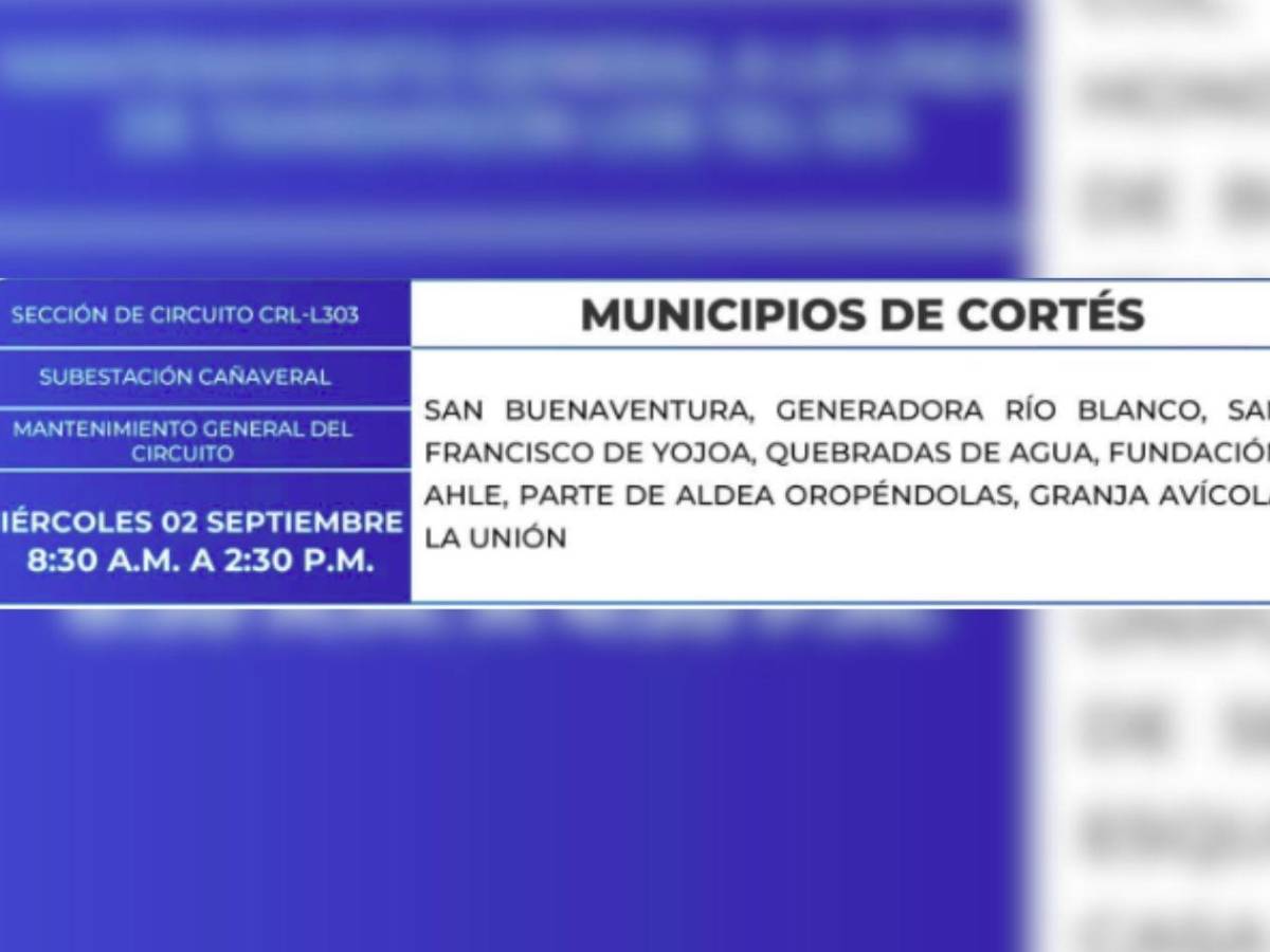 Amplios cortes de luz en estas zonas de Honduras este miércoles 2 de septiembre