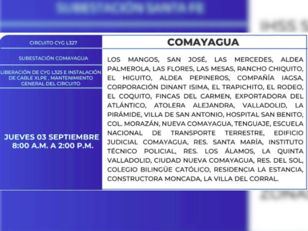 Nueve horas sin luz estarán estas zonas de Honduras  este jueves 3 de septiembre