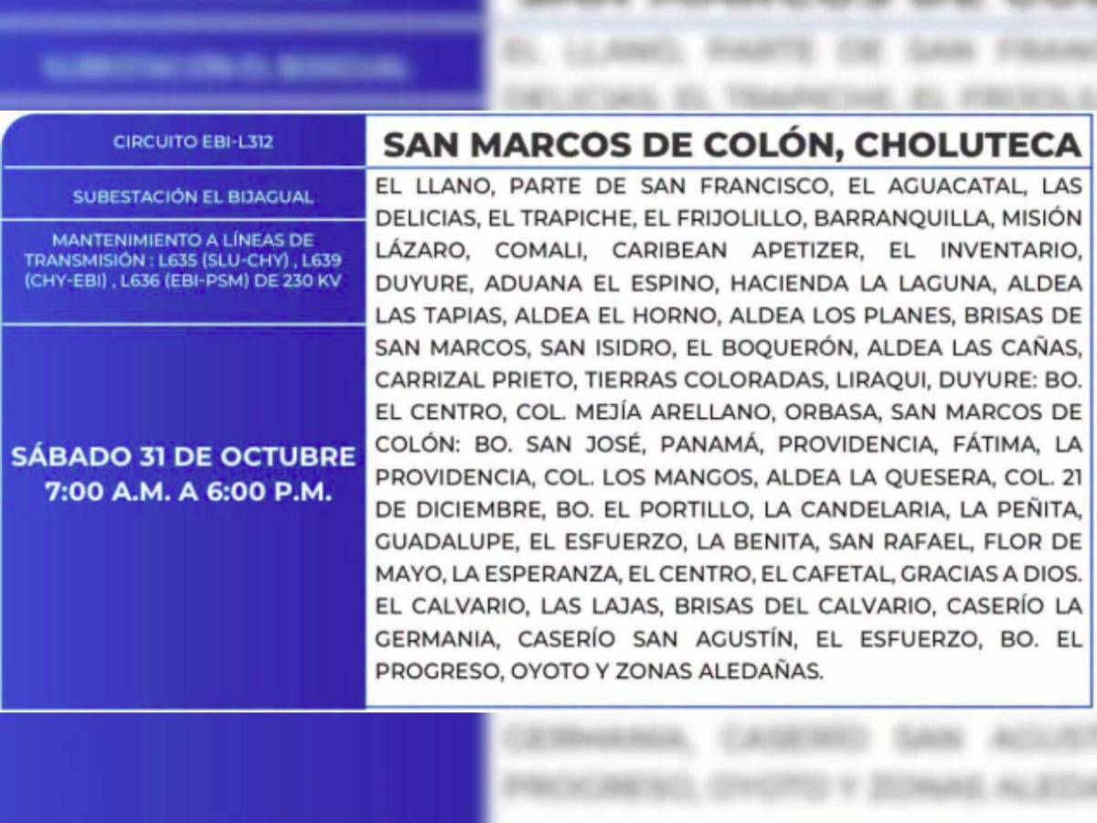 Estos sitios de Honduras no tendrán luz por 11 horas este sábado 31 de octubre