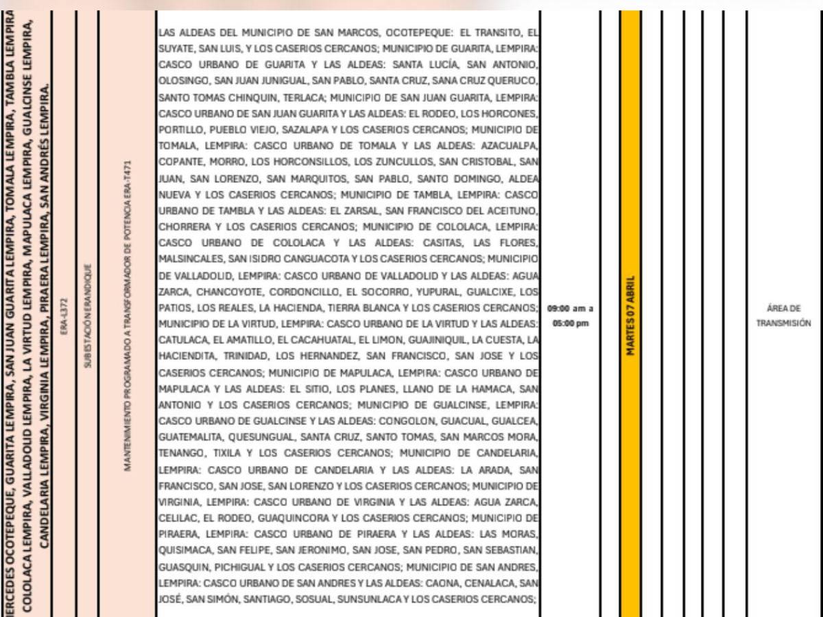 Más de 50 sectores de Honduras estarán sin luz este martes 7 de abril