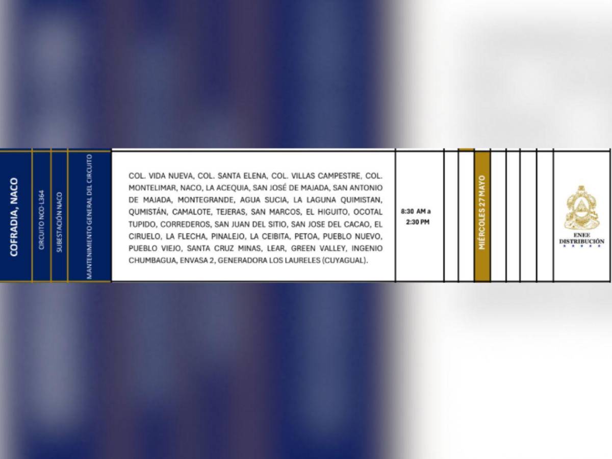 Más de 50 sitios de Honduras no tendrán luz este miércoles 27 de mayo