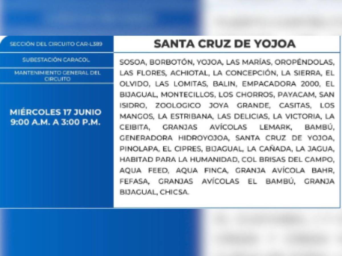 Estas zonas de Honduras no tendrán luz este miércoles 17 de junio