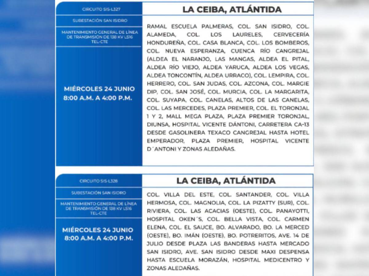 Estas zonas de Honduras no tendrán energía eléctrica este miércoles 24 de junio
