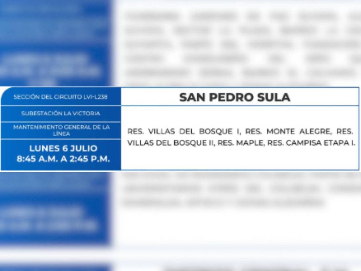 Estas zonas de San Pedro Sula y Tegucigalpa no tendrán luz este lunes 6 de julio