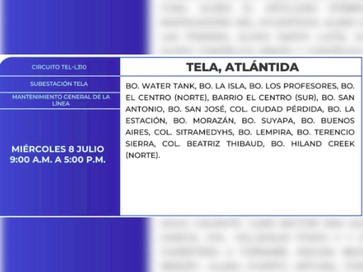 Más de 50 sitios de Honduras estarán sin energía eléctrica este miércoles 8 de julio