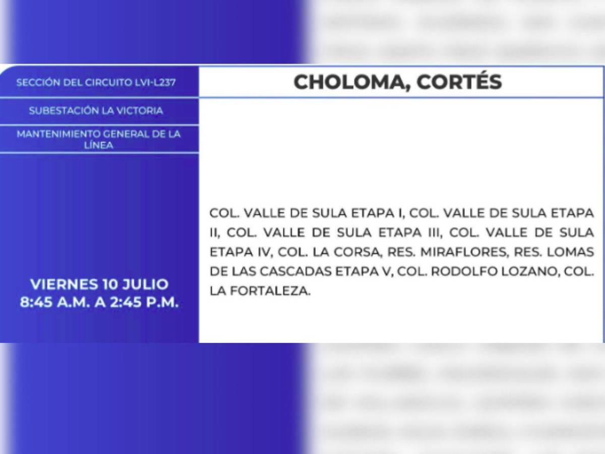Amplios cortes de luz en estas zonas de Honduras este viernes 10 de julio