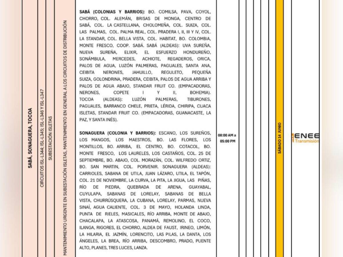 Cortes de luz de más de seis horas este sábado 14 de junio en Honduras