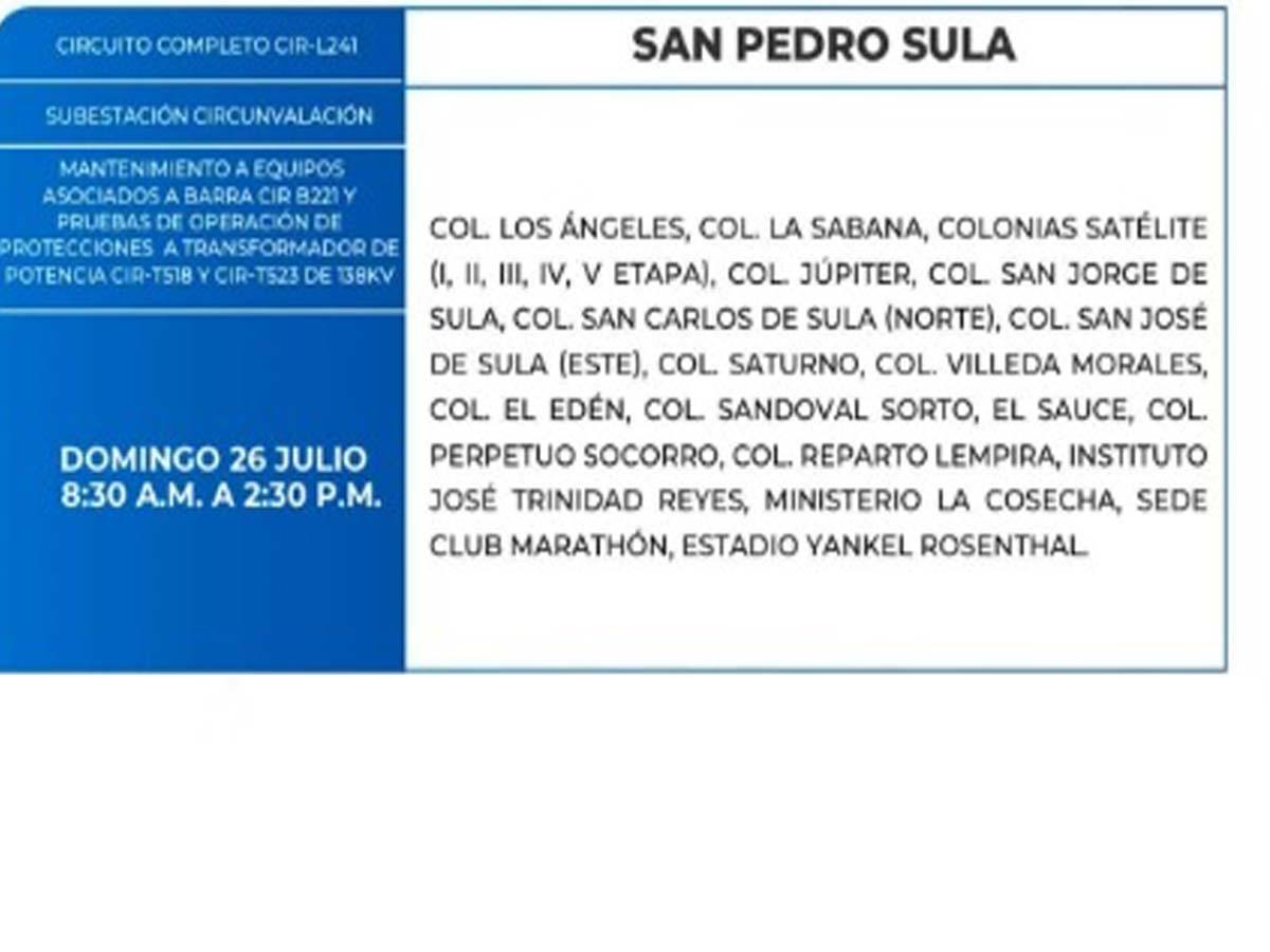 Cortes de energía en San Pedro Sula este fin de semana por mantenimiento
