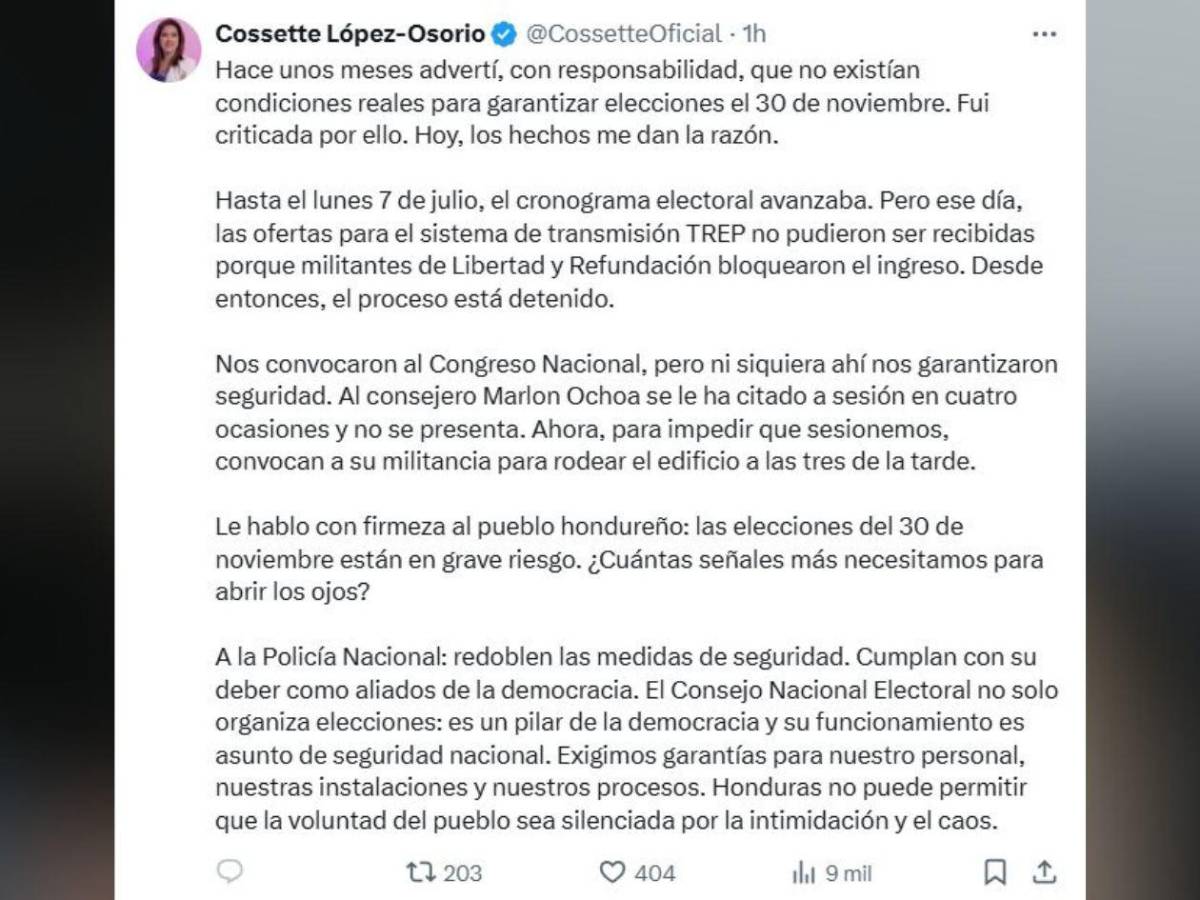 Cossette López publica alarmante mensaje por crisis en el CNE
