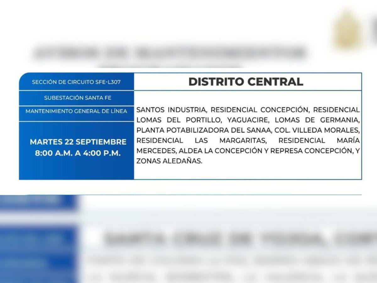 Estos lugares de Honduras no tendrán energía este martes 22 de septiembre
