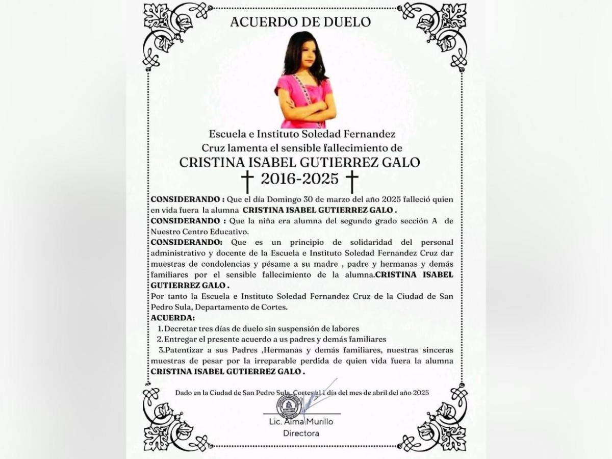 El doloroso final de la pequeña Cristina Galo en Victoria, Yoro