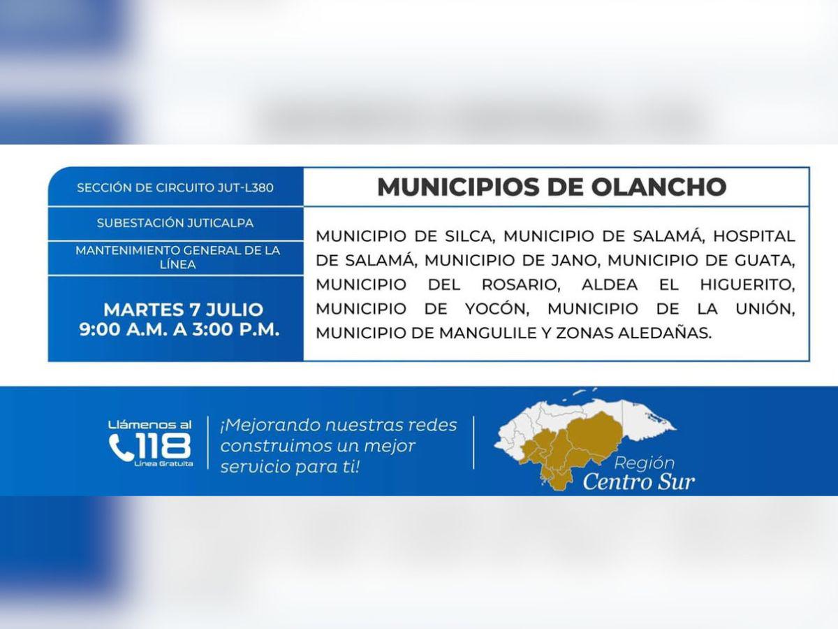 Estos lugares de Honduras no tendrán electricidad este martes 7 de julio