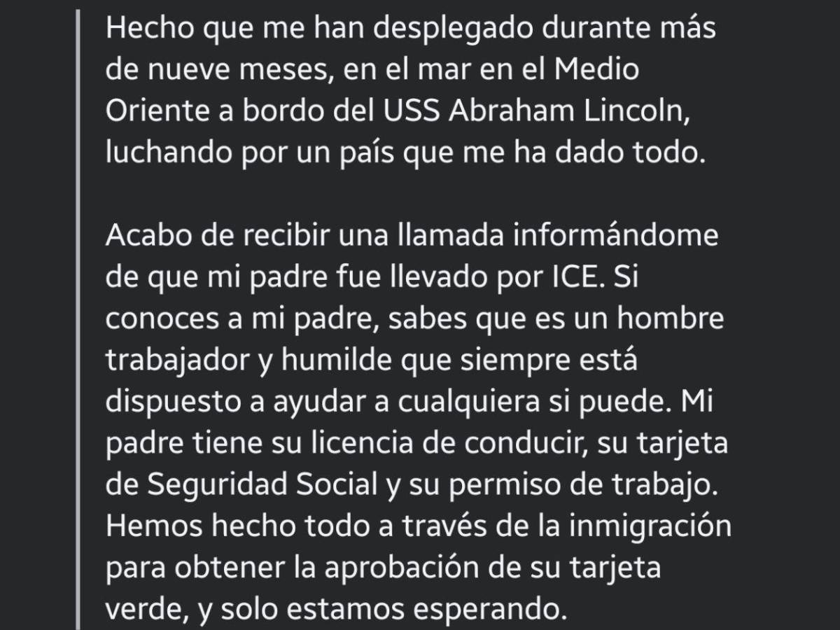 Mantente fuerte papá: Marino en Medio Oriente expresa su molestia tras la detención de su padre por ICE
