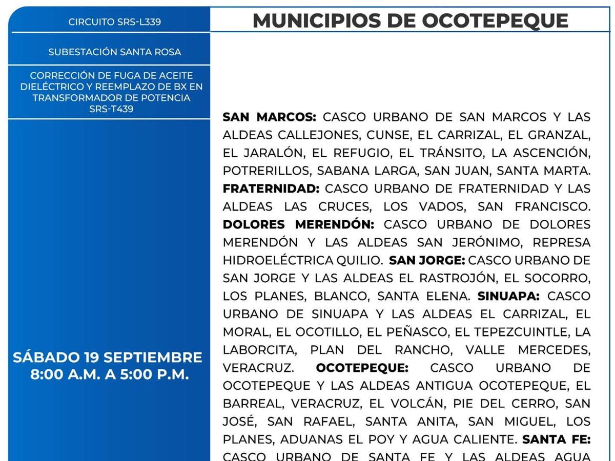 Cortes de energía este sábado 19 de septiembre en San Pedro Sula, Comayagua y Colón