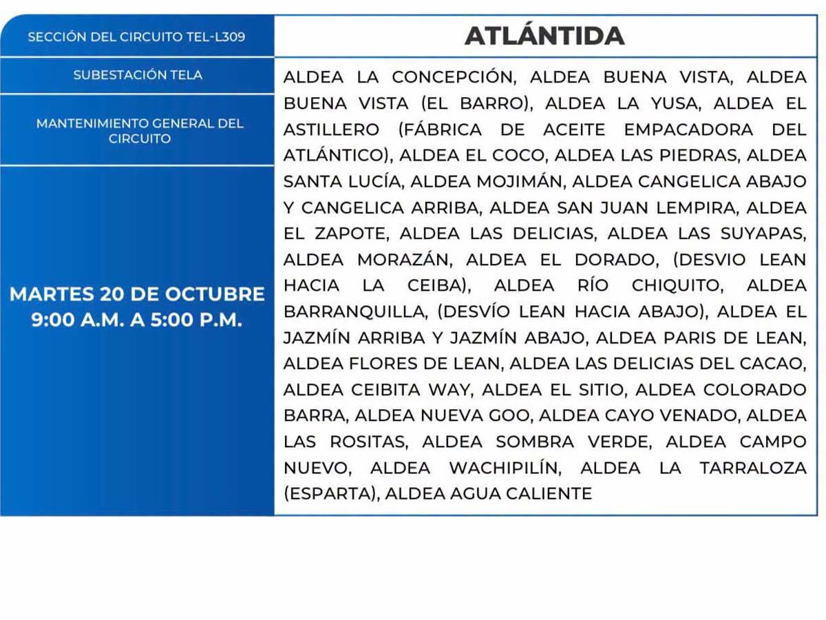 Cortes de energía de este martes 20 de octubre en Yoro, Tela, Santa Bárbara y Comayagua