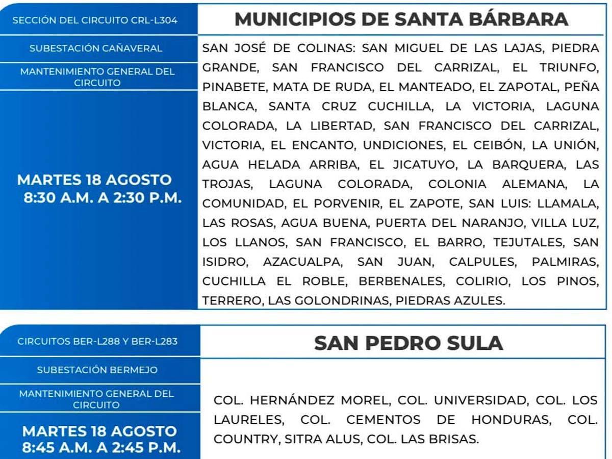 Cortes de energía este martes 18 de agosto: El Paraíso, Lempira, Santa Bárbara, Cortés e Intibucá