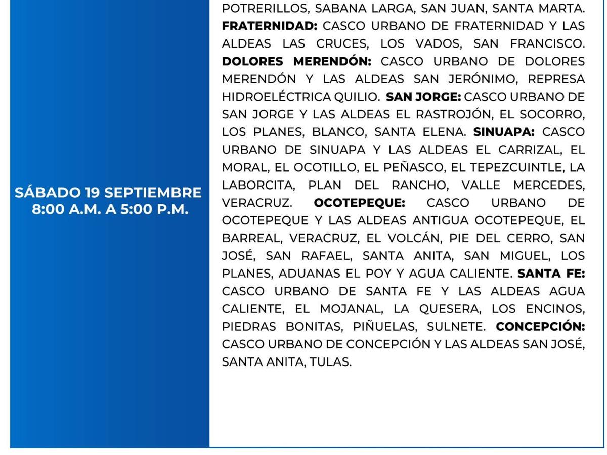 Cortes de energía este sábado 19 de septiembre en San Pedro Sula, Comayagua y Colón