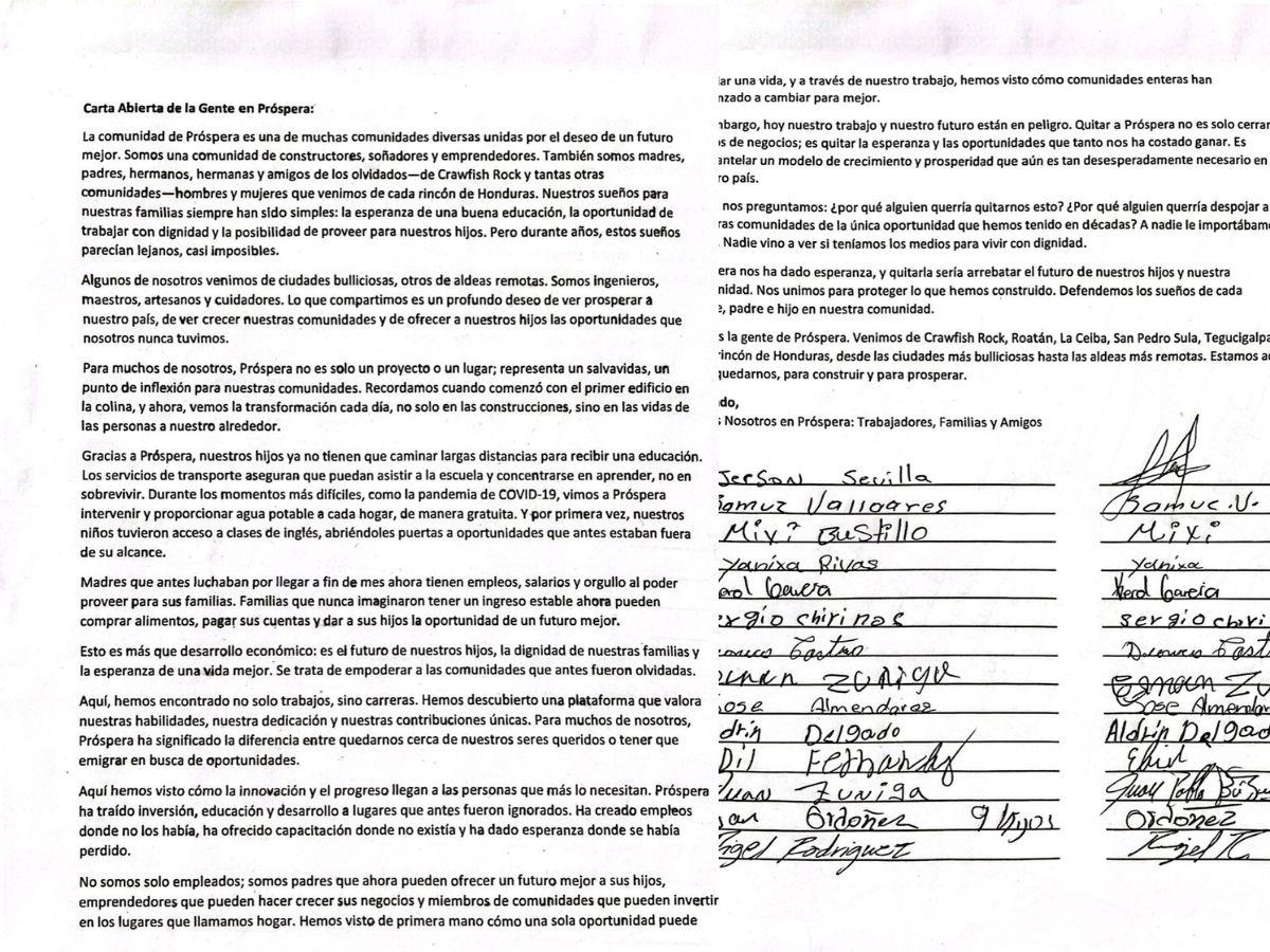 Carta abierta de los empleados de Próspera en Roatán.