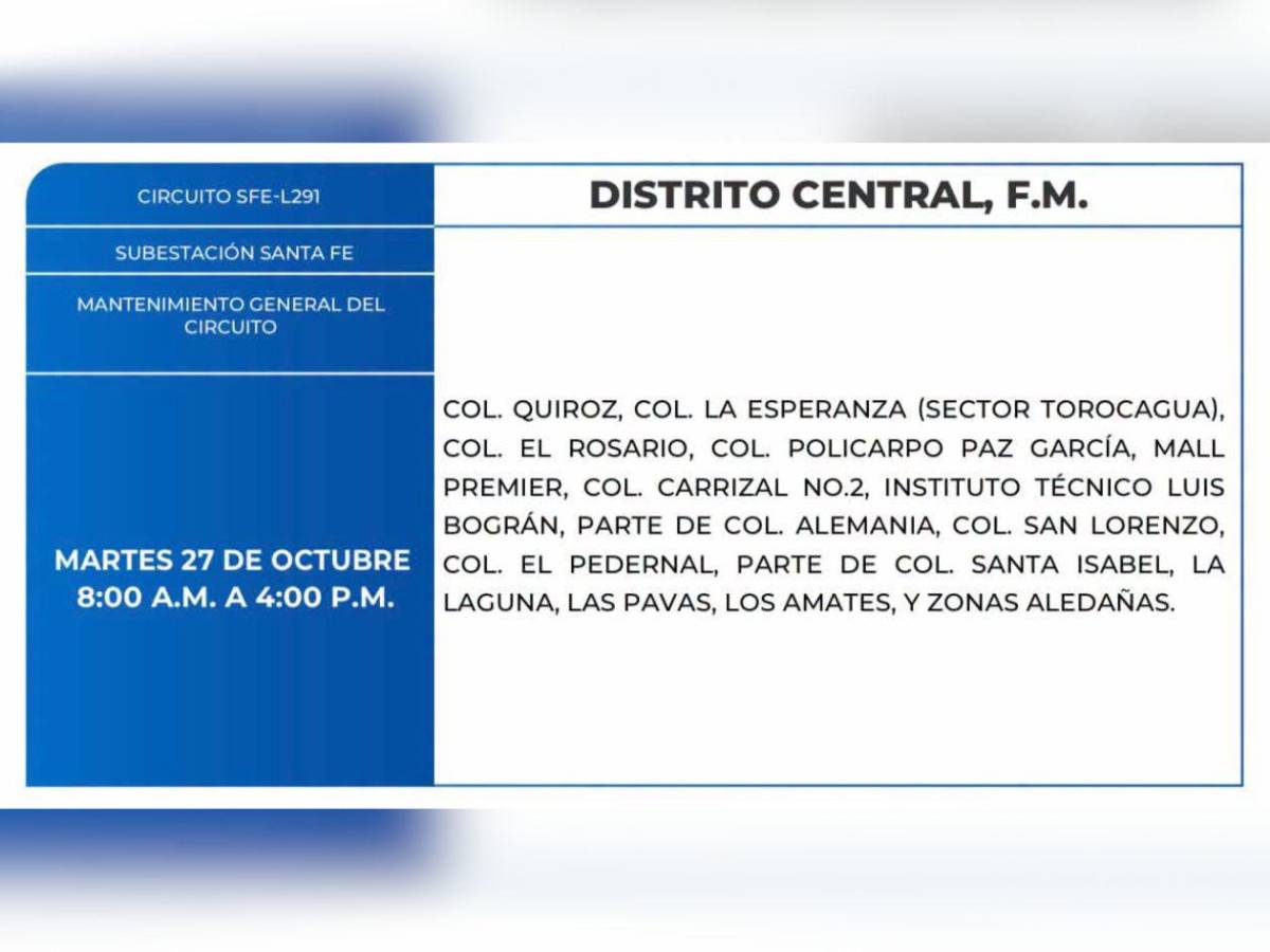 Zonas de Honduras que no tendrán energía eléctrica este martes 27 de octubre