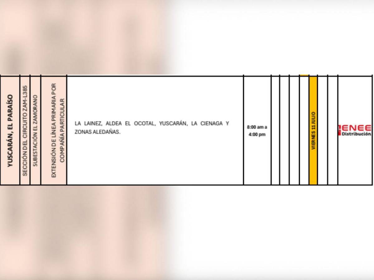 Cortes de energía en Choloma, Tegucigalpa y otras zonas de Honduras este viernes 11 de julio