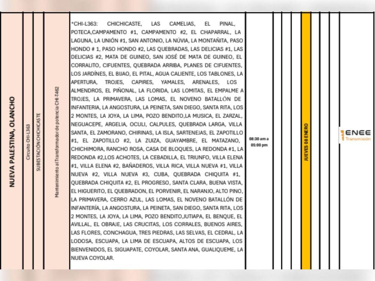 Enee anuncia extensos cortes de luz en estas zonas de Honduras este jueves ocho de enero