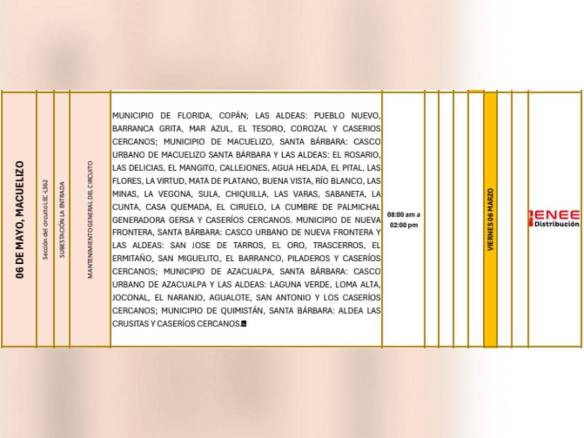 Estas zonas de Honduras estarán sin luz este viernes 6 de marzo