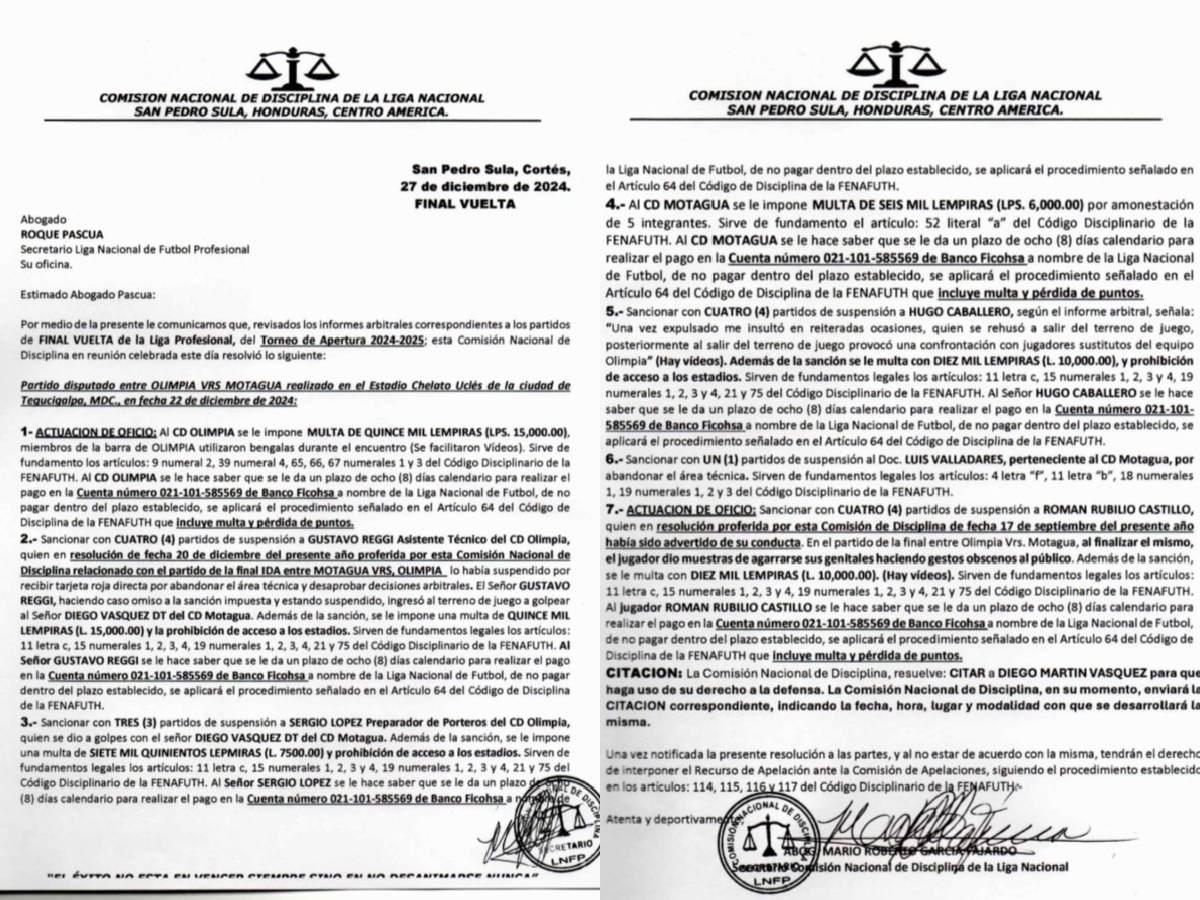 Rubilio fue castigado: Comisión de Disciplina confirma duras sanciones a Motagua y Olimpia