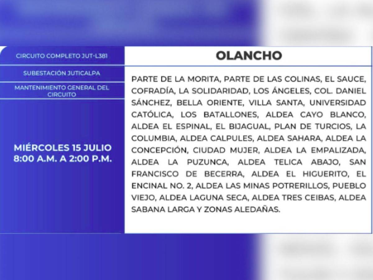 Más de 100 sectores de Honduras estarán sin energía  este miércoles 15 de julio