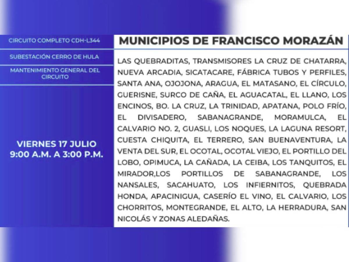 Amplios cortes de energía en estas zonas de Honduras este viernes 17 de julio