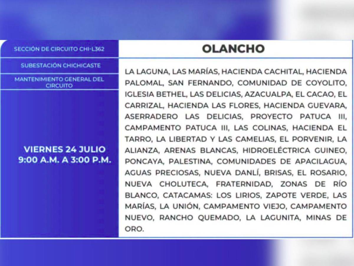 Ocho horas sin luz estarán estas zonas de Honduras este viernes 24 de julio