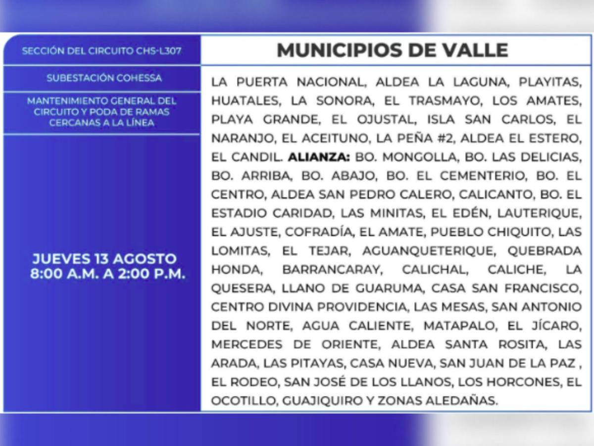 Más de 100 zonas de Honduras no tendrán luz por ocho horas este jueves 13 de agosto