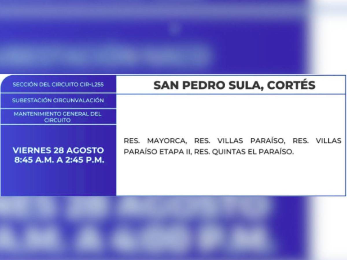 Ocho horas sin luz estarán estas zonas de Honduras este viernes 28 de agosto