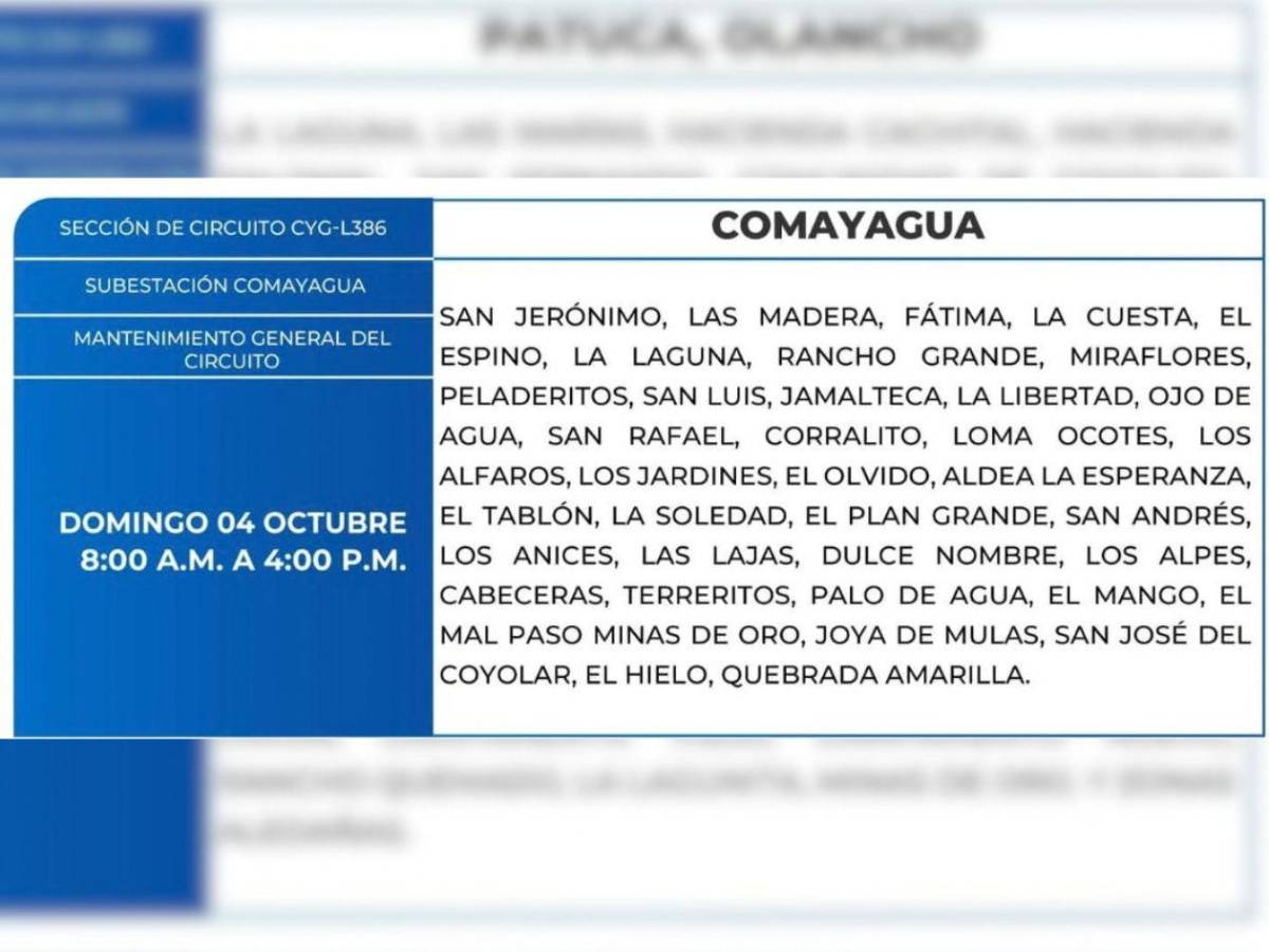 Estas zonas de Honduras no tendrán energía eléctrica este sábado 3 de octubre