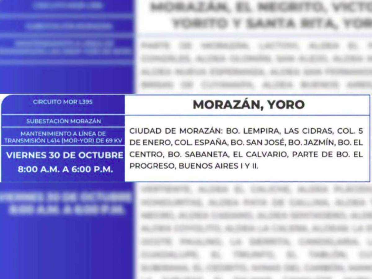 Diez horas sin luz estarán estas zonas de Honduras este viernes 30 de octubre