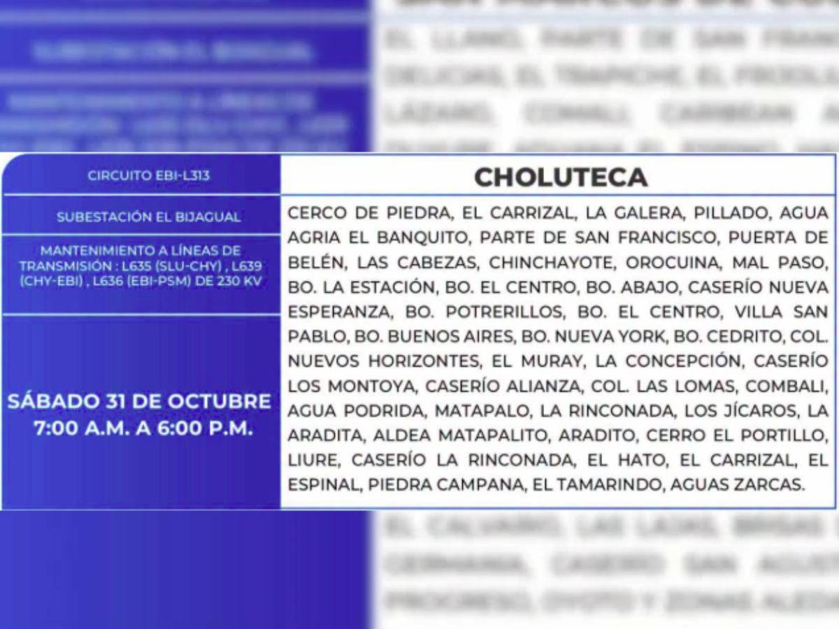 Estos sitios de Honduras no tendrán luz por 11 horas este sábado 31 de octubre