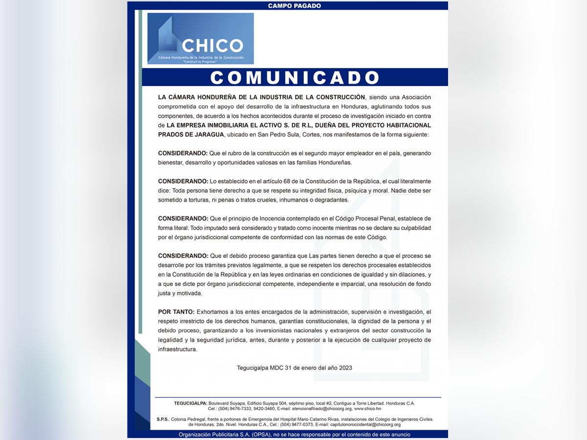 Comunicado de la Cámara Hondureña de la Industria de la Construcción sobre el caso Ciudad Jaraguá