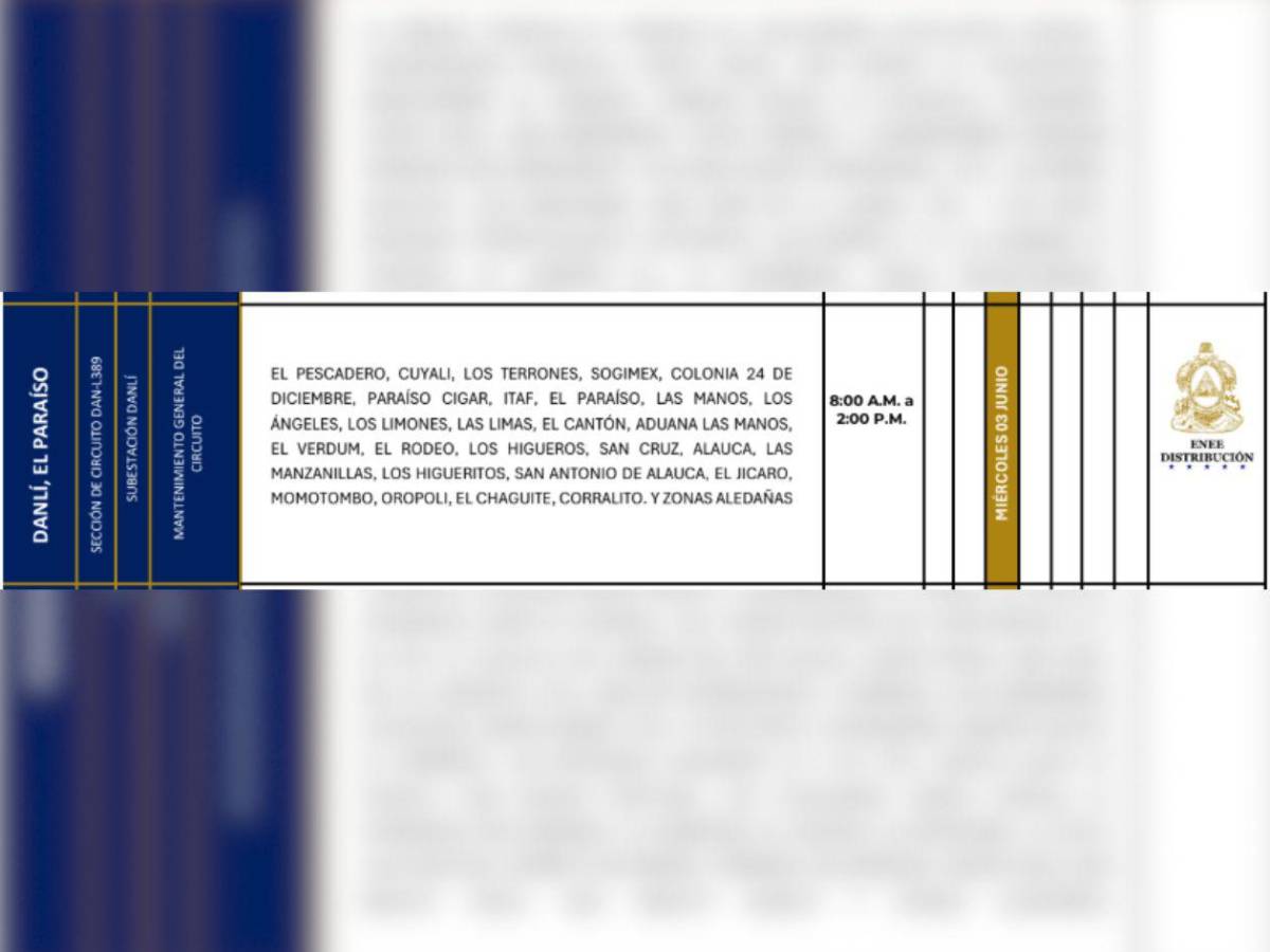 Ocho horas sin luz estarán estas zonas de Honduras este miércoles 3 de junio
